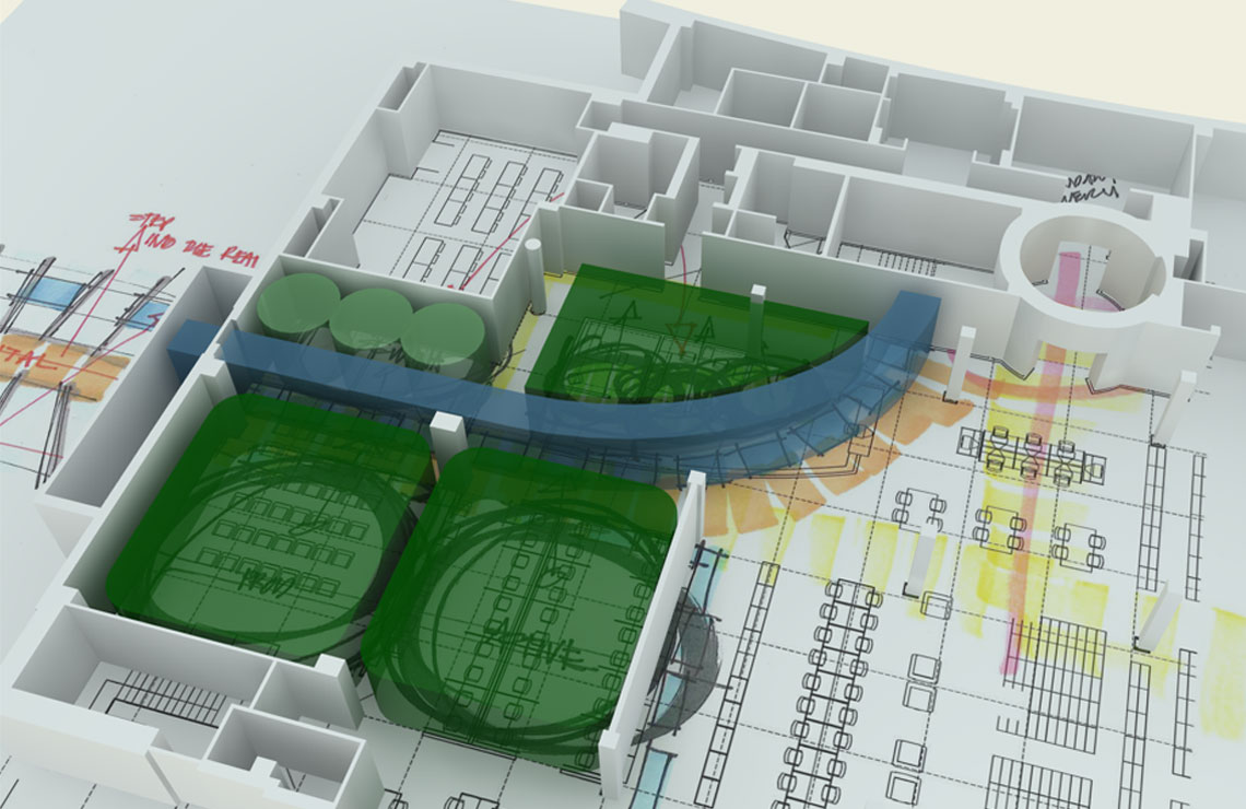 Conceptual architectural floor plan with a 3D massing overlay, highlighting proposed program areas and circulation paths as part of capital planning and space utilization analysis.